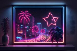 Synthwave neon landscape with palm trees and sunset. Retro style background. Neural network photo