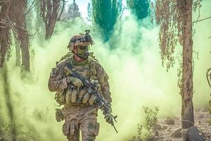 completamente equipado soldado en un camuflaje uniforme emergente desde un soplo de fumar en el medio de un pino bosque. neural red ai generado foto