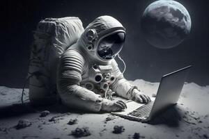 astronauta en exterior espacio trabajando en un ordenador portátil. neural red ai generado foto