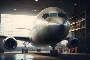 Big passenger aircraft on maintenace in airport hangar. Neural network generated art photo