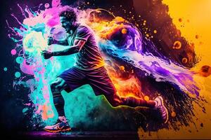 fútbol americano jugador patadas el pelota en contra el antecedentes de multicolor abstracción. neural red ai generado foto