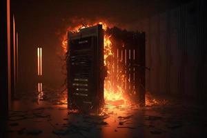Disaster in server room or data center storage room on fire burning. Neural network generated art photo