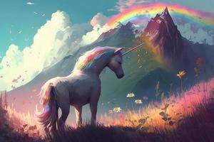 Magic unicorn in fantastic world with fluffy clouds and fairy meadows. Neural network generated art photo