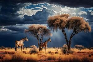 Sunrise over the savannah and grass fields in South Africa with cloudy sky. Neural network photo