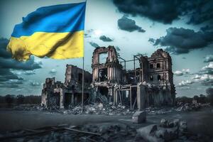 Flag of Ukraine and destroyed building. War concept. Neural network photo