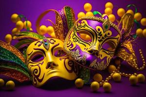 Group of venetian mardi gras mask or disguise on a colorful bright background. Neural network generated art photo