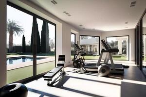 Private gym in luxury home. Neural network photo