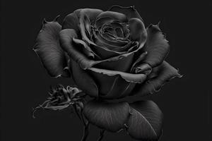 Black monochrome rose flower on deep dark background. blue and purple color tones. Neural network generated art photo