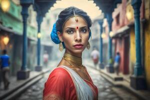 Beautiful indian girl. Young hindu woman. Neural network photo