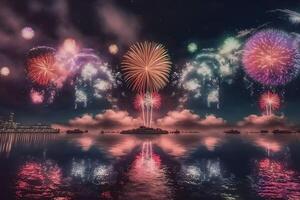 Beautiful colorful holiday fireworks in the evening sky with majestic clouds, long exposure. Neural network photo