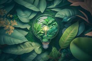 light bulb against nature on green leafs energy sources for renewable, sustainable development. Ecology concept. Neural network photo