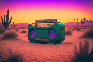 Vintage radio boombox in the desert, retrowave, synthwave. Neural network photo