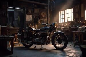 Old vintage motorcycle in the garage. Neural network photo