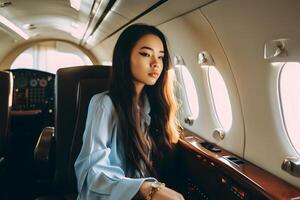 Portrait of a successful girl in a private jet. Neural network photo