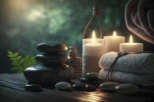 Beauty spa treatment and relax concept. Hot stone massage setting lit by candles. Neural network photo