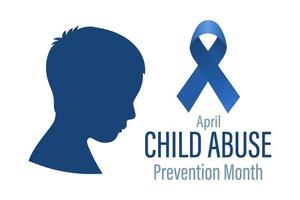 Child Abuse Prevention Month, April. Silhouette of a child in profile and a blue ribbon. Banner, poster vector