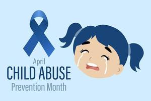 Child Abuse Prevention Month, April. The face of a crying girl and a blue ribbon. Banner, poster vector