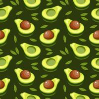 Seamless pattern, colorful avocados with leaves on a green background. Fruit background, print, textile, vector