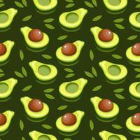 Seamless pattern, colorful avocados with leaves on a green background. Fruit background, print, textile, vector