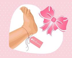 Baby foot with pink welcome label and bow. Icon, logo, illustration for newborns. Pastel colors, vector