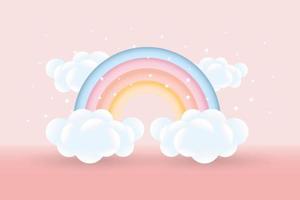 3d baby shower, rainbow with clouds and stars on a pink background, childish design in pastel colors. Background, illustration, vector