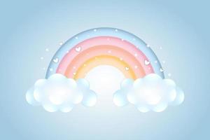 3d baby shower, rainbow with cloudsand stars on a pale blue background, childish design in pastel colors. Background, illustration, vector. vector