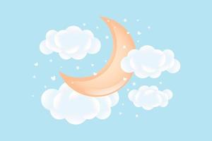 3d bebé ducha, creciente Luna con nubes en un suave azul fondo, infantil diseño en pastel colores. fondo, ilustración, vector