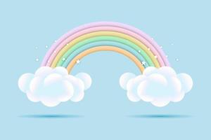 3d baby shower, rainbow with clouds and stars on a pale blue background, childish design in pastel colors. Background, illustration, vector. vector