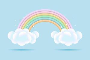 3d baby shower, rainbow with clouds and stars on a pale blue background, childish design in pastel colors. Background, illustration, vector. vector