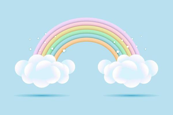 3d baby shower, rainbow with clouds and stars on a pale blue background, childish design in pastel colors. Background, illustration, vector.