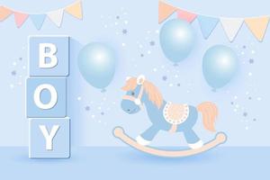 3D baby shower for boys. Children's toys, rocking horse and balloons in pastel colors on a starry background. Game room background, vector