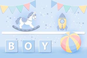 3D baby shower for boys. Children's toys rainbow, pyramid and rocking horse in pastel colors on a starry background. Game room background, modern design, vector