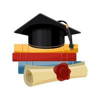 A black graduation cap over a stack of books and a papyrus certificate with a wax seal. Education concept. Illustration, icon, vector