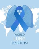 World lung cancer day, banner. Human lungs and blue awareness ribbon. The concept of medicine and healthcare. Vector
