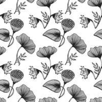 Seamless pattern, hand drawn outline poppies on a white background. Line art, background, textile, vector