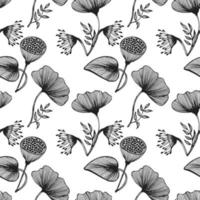 Seamless pattern, hand drawn outline poppies on a white background. Line art, background, textile, vector