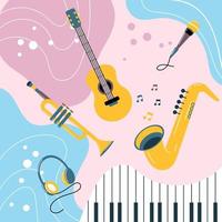 Musical instruments on a colored background in a boho groove style. Pastel colors. Background, poster, print, vector