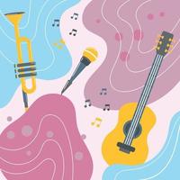 Musical instruments on a colored background in a boho groove style. Pastel colors. Background, poster, print, vector