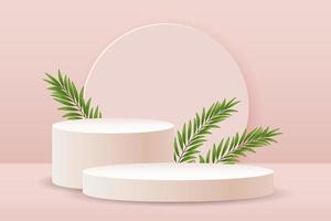 Pink podium with palm leaves for the presentation of products on a pale pink background. 3D illustration, vector