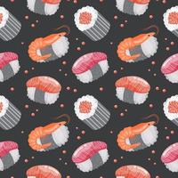 Seamless pattern with sushi and shrimps on a dark background. Colorful food background, restaurant menu, vector