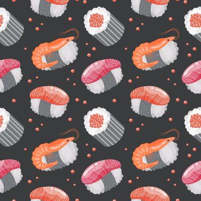Seamless pattern with sushi and shrimps on a dark background. Colorful food background, restaurant menu, vector