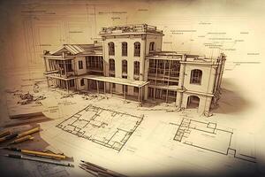 architects model house with plan and blueprints. Neural network photo