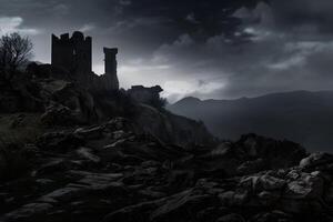 Landscape with old castle at night. Neural network photo