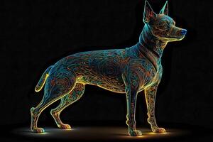 Pinscher dog in creative rainbow neon. Neural network photo