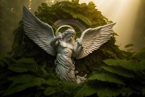 blanco mármol estatua de ángel en jardín. neural red ai generado foto