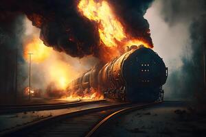 explosion of wagons at the railway station. Neural network photo