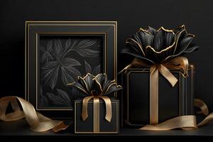 Black gift boxes with gold ribbon on dark background. Neural network photo