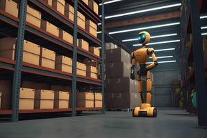 Innovative industry robot working in warehouse for human labor replacement . Concept of artificial intelligence for industrial revolution. Neural network photo