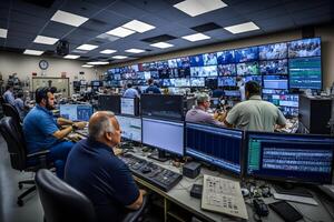 Security Control Room with Multipoke Computer Screens Showing Surveillance Camera Footage Feed. High-Tech Security. Neural network photo