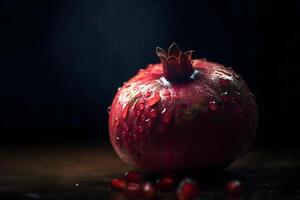 Ripe pomegranate with juicy seeds, on old wooden table. Neural network photo